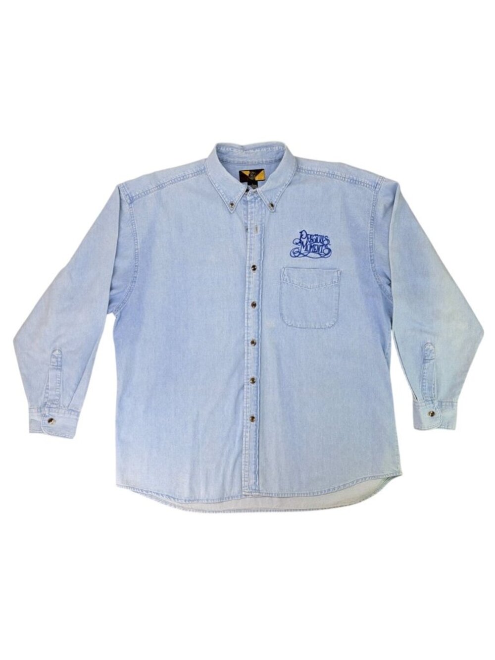 Vintage Precious Moments Denim Button-Up Shirt Men Large Blue Pocket Embroidered